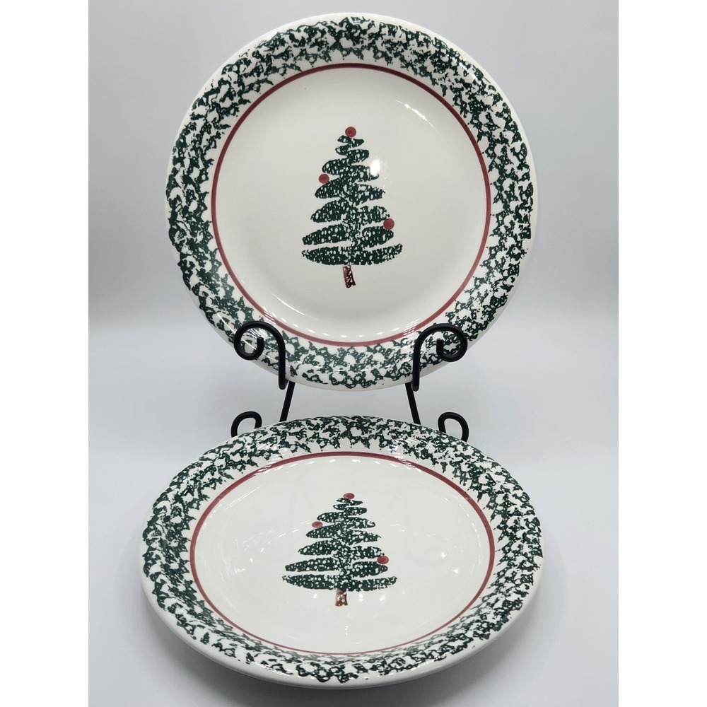 Ceramic Christmas Tree Dinner Plates Vintage Spongeware Furio Italy Set of 2